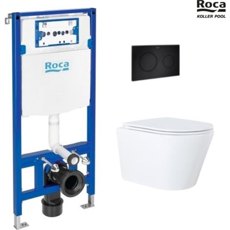 Bastidor ROCA duplo con cisterna empotrada y pulsador PL7 blanco mate con inodoro suspendido nebula black mate rimless (1/5)