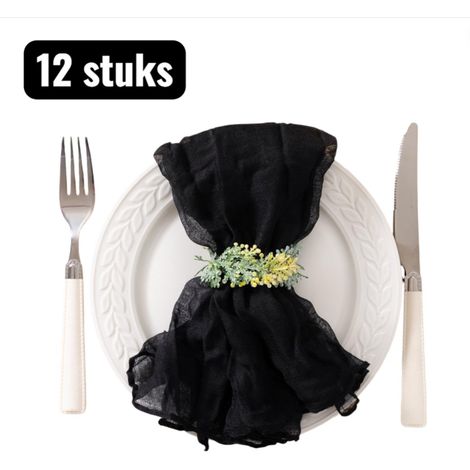 Lot de 12 serviettes de table (50 x 50 cm) en tissu froissé, plissées en organza de polyester, idéales pour les fêtes et les mariages. Linge de table décoratif à plis décoratifs, noir. (1/5)