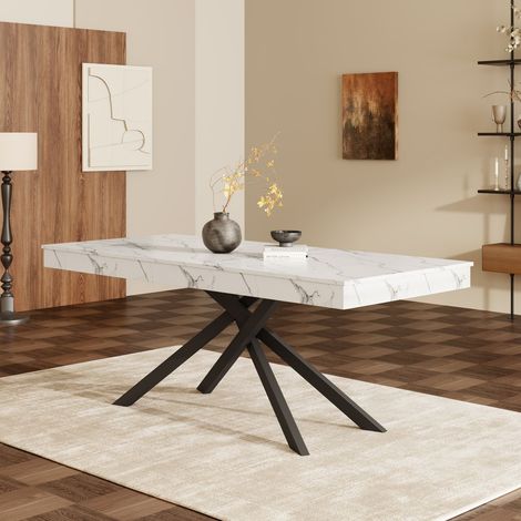 Table à manger extensible 140-180x80 cm blanc, plateau épais, pieds métal, pour 6-8 personnes (1/5)