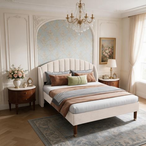 Lit Double 140×190 cm Beige, Tête de Lit capitonné en Velours, Sommier à Lattes en Bois Robuste, Style Moderne Luxe pour Chambre (1/5)