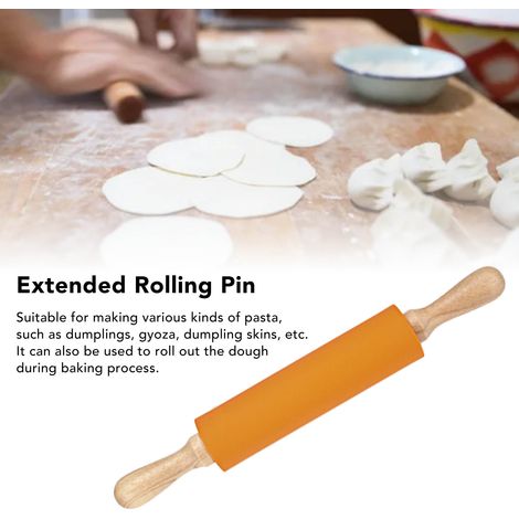 Rouleau à pâtisserie allongé en silicone avec manche en bois massif, rouleau à pâtisserie antiadhésif pour farine, rouleau à pâtisserie pour raviolis, outil de pâtisserie, orange. (1/5)