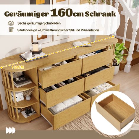 Buffet en bois de chêne 160 cm, style antique romain, colonnes décoratives, étagères en bambou, 6 tiroirs, rangements ouverts, pieds ajustables en hauteur, H 75/L 160/P 40 cm (1/5)