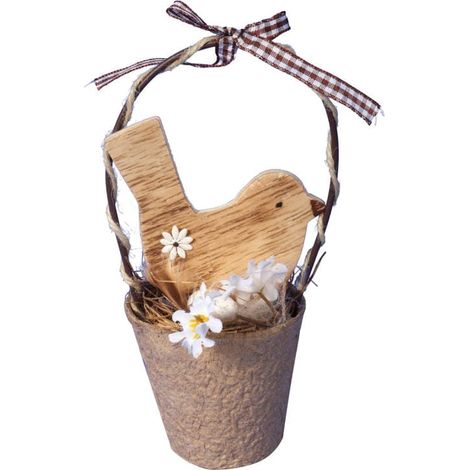 Uccellino pasquale in legno in un cestino con uova - Ornamento decorativo, marrone, 16 cm (1/2)