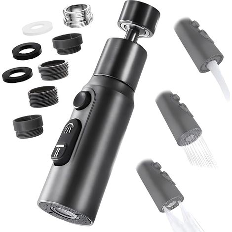 Aérateur de Robinet, 360° Pivotant Embout Robinet Cuisine avec 3 Modes Douchette Mousseur Robinet Economie Eau, Adaptateur Economiseur D'eau Pour Robinet Salle De Bain lavabo (Noir) (1/5)