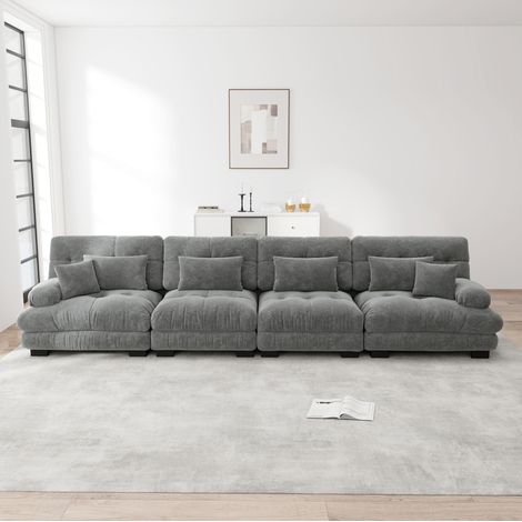 Canapé d’angle modulable gris en chenille avec assise profonde et confort moelleux,406x77x81 cm (1/5)