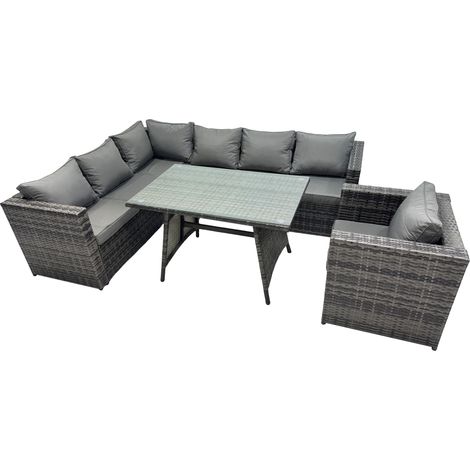 Fimous 7-seater Outdoor PE Rattan Sofa Set with Dining Table Patio Garden Furniture Sets with Chair Dark Grey Mixed (1/5)