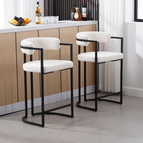 Barhocker 2er Set Kunstfell mit Rückenlehne und Armlehnen, Weiß (1/5)