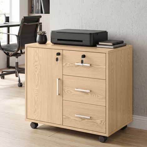 Caisson bureau meuble de rangement verrouillable avec 3 tiroirs et étagère réglable, roulettes, 40 x 60 x 56 cm, marron clair (1/5)
