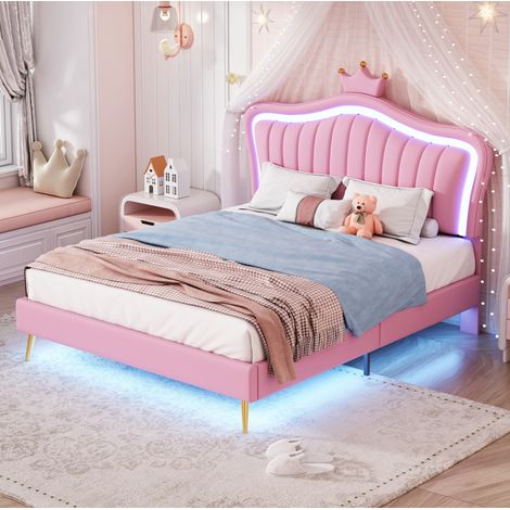 Lit enfant rembourré en simili cuir rose 140x200 cm avec LED, sommier à lattes et tête de lit réglable (1/5)