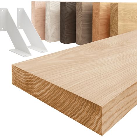 LAMO Manufaktur étagère murale en bois massif, bord régulier, étagère de rangement Vintage, bois naturel / équerre blanche 160cm, LWG-01-A-002-160VW