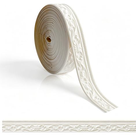 Frise autocollante blanche - 10 m x 8 cm x 5 mm - Bordure de papier peint 3D pour plafond - Découpe - Moulures en stuc, murs pour couloirs, plafonds, coins, décoration (1/5)