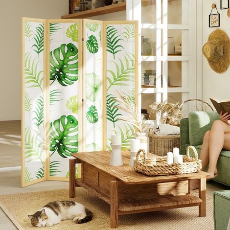 Biombo plegable de 4 paneles, motivo tropical bohemio, 160 x 170 cm, marco de madera verde DESVIAE (1/5)