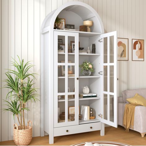 Vetrina alta 75x35x170,5 cm in MDF bianco, ripiani regolabili e cassetto – MEUBLIV (1/5)