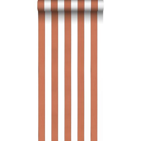 Papier peint intissé à rayures terracotta et blanc – Dimensions 53cm x 10,05m – Raccord libre – Impression écologique (1/5)