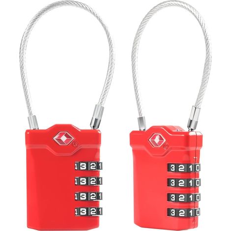 TSA Gepäckschloss 2 Stück mit 4-stelligem Zahlenschloss und 14cm flexiblem Kabel, Rot