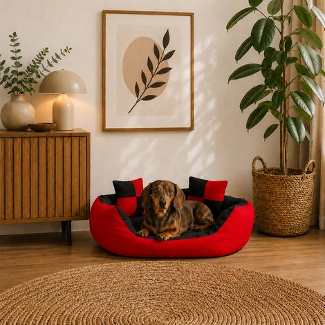belviona 4-in-1 Hundebett, Hundekörbchen mit Wendekissen, wasserabweisend, tiefer Einstieg & 2 Spielkissen, 65x50 cm, rot/schwarz (1/5)