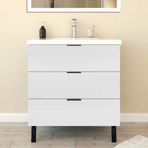 Meuble de Salle de Bain 60cm avec 3 tiroirs + 2 Pieds, Meuble simple vasque, Blanc (1/5)