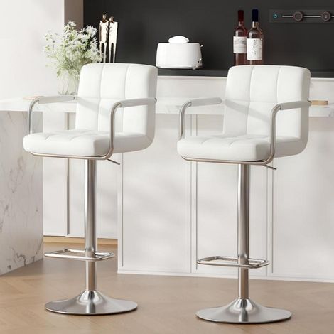 Barhocker 2er Set höhenverstellbar mit Armlehnen, 360° drehbar, PU-Leder, Weiß (1/5)