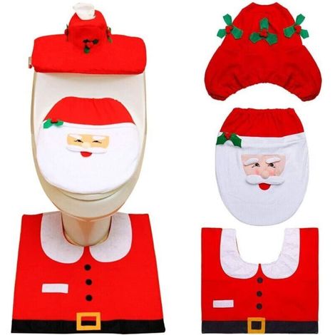 3 pièces Couverture de Siège de Toilette de Noël Décorations Noël Housse pour abattant de WC pour réservoir et Tapis de Salle de Bain Set de décoration,décoration de fête(Père Noël) (1/5)