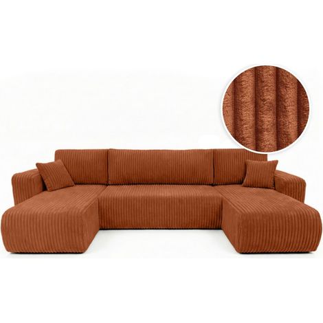 Canapé panoramique convertible 6p ALYA velours cotelé épais Terracotta