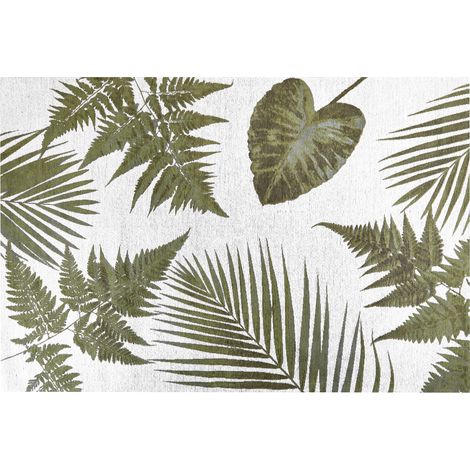 Alfombra de algodón verde blanco crema 200 x 300 cm patrón hojas retro Barzah