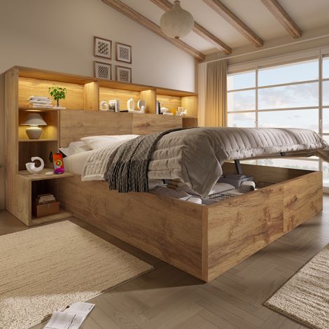 MODFU – Cama con almacenamiento 160x200 cm efecto roble con LED, puertos USB-C, mesitas integradas y elevación hidráulica, carga 300 kg – Roble (1/5)