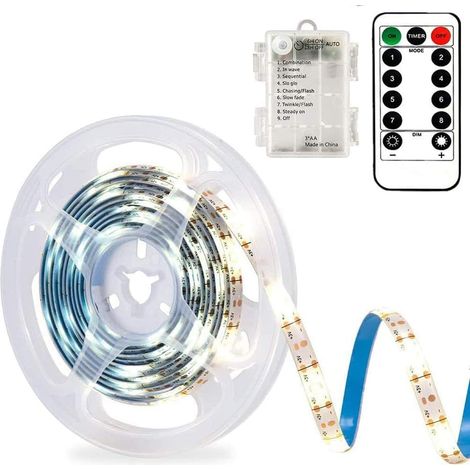 Bande lumineuse LED à piles, 3 mètres, 90 bandes lumineuses LED pour la décoration, découpable, autocollante, télécommande, minuterie, 8 modes, intensité variable (blanc) (1/5)