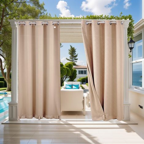 Rideau Extérieur Imperméables Protéger Contre UV Isolants Thermiques, avec Perforations, Adaptés aux Jardins, Terrasses, Pergola, Balcons, Texturé 3D Beige, 2 Pièces / 132 X 240cm (1/5)