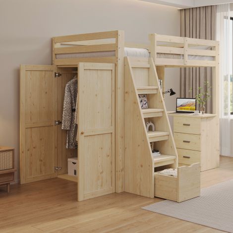 Cama altillo infantil de 90x200 cm con 1 cajón, escalera de seguridad, armario, sin colchón, natural (1/5)