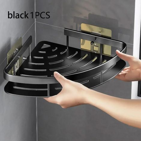 (1 pièce noire) Étagère murale de salle de bain en alliage d'aluminium, étagère d'angle pour douche, installation sans perçage, robuste, noire (1/5)
