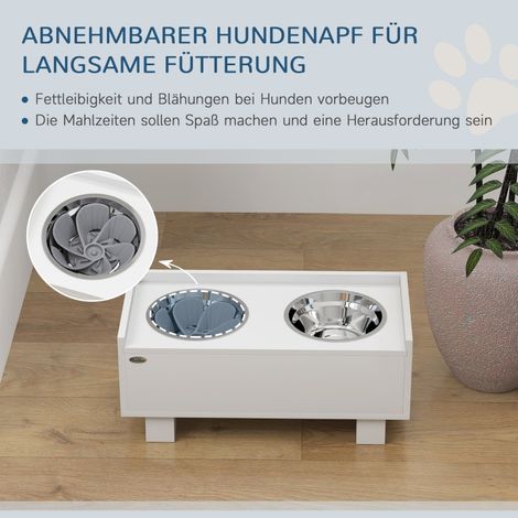 Distributeur d'aliments surélevé pour chien, avec tapis anti-glouton amovible, 2 gamelles en aluminium, espace de rangement, blanc (1/5)