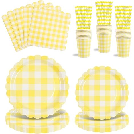 Vaisselle de fête à carreaux vichy Jaune, Assiettes, Gobelets, Pailles et Serviettes pour tea party, anniversaires, mariages, baby shower et décorations de fête (Jaune)