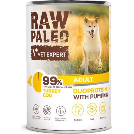 Rohes Paleo-Duoprotein-Futter (Pute/Kabeljau) für ausgewachsene Hunde, 400 g