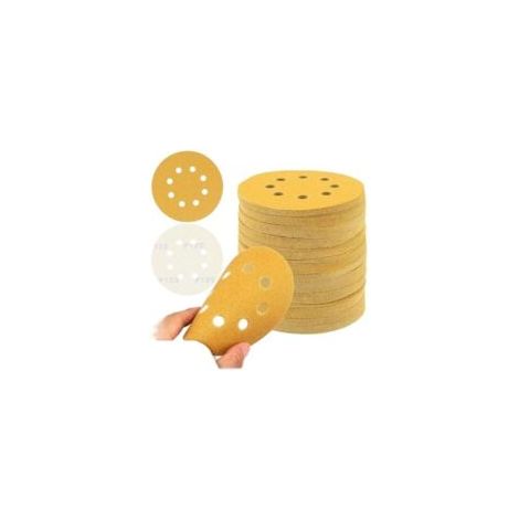 Disques de papier de verre dorés de 12,7 cm (5 pouces), paquet de 50 disques, 8 trous, fixation Velcro, grain 40-240, adaptés aux ponceuses, papier de verre sec et sans poussière H173 - Crezuo (1/4)