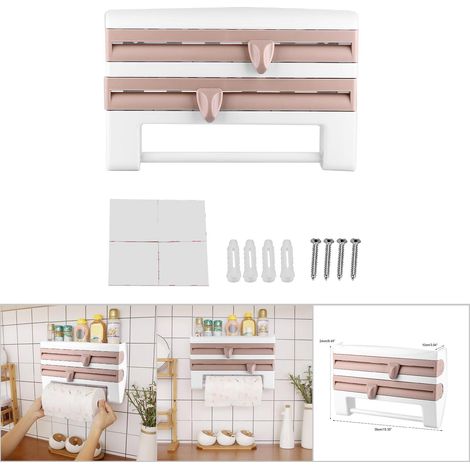 Wandmontiertes Küchenorganizer-System: Handtuchhalter, Frischhaltefolien- und Papierschneider, 2 Spender, Gewürzablage, ABS (39 x 10 x 24 cm) – Weiß, Blaugrau, Khaki (1/5)