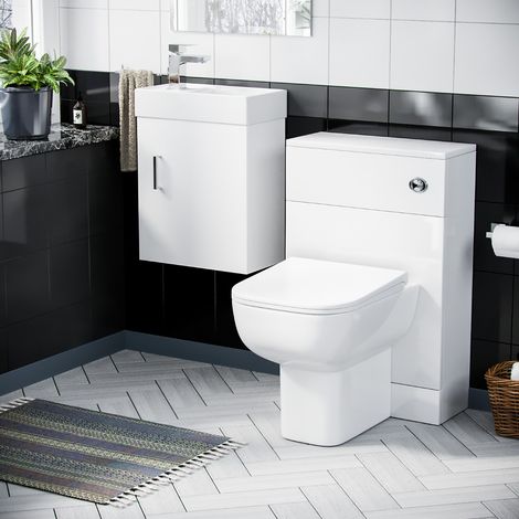 Nanuya 400mm Cloakroom Wall Hung Basin Vanity Unit & Concealed Cistern WC Toilet Pan White (1/5)