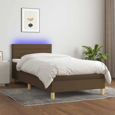 Cama box spring con colchón LED tela marrón oscuro 100x200 cm (1/5)
