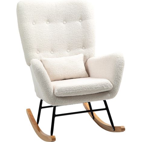 Fauteuils à Bascule Allaitement avec Accoudoirs en Tissu Teddy Crème, Patins Bois et Coussin Lombaire pour Salon ou Chambre (1/5)
