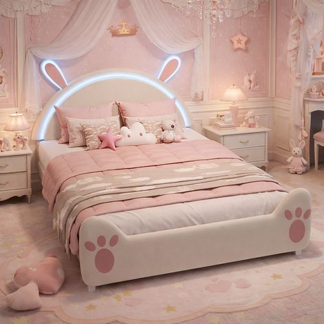 Lit Enfant capitonné 140x200 cm, Lit Double pour Fille avec LED, Cadre de Lit avec Oreilles de Lapin, Tête de lit Réglable, Sommier à Lattes, PU, Blanc + Rose (1/5)
