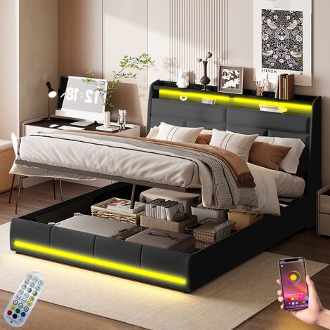 Boxspringbett 160x200 cm, mit LED, APP, hydraulischem Stauraum, Fernbedienung, Lattenrost, Metallrahmen, gepolstertes Kunstlederbett - Schwarz