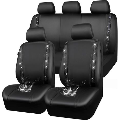 Housses siège Voiture en Cuir imperméable, Bling Diamant Brillant Cristal Scintillant, Universel pour 95% de Toutes Les Automobiles Camions SUV, Femmes Hommes(Ensemble Complet, Noir) (1/5)