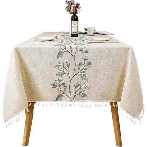 Tovaglia rettangolare beige in tessuto misto cotone-lino con nappe antimacchia, ricamo a foglie verdi, idrorepellente, per cucina. (1/5)
