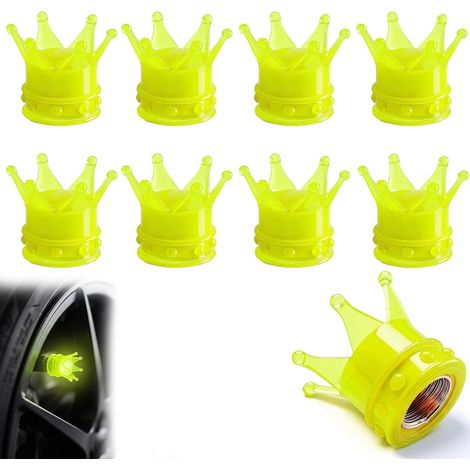 8 Pièces Bouchons de Valve de Pneu Lumineux en Forme de Couronne, Capuchons de Valve Fluorescents Jaunes pour Voiture, Moto, Vélo et SUV, 16x19mm (Jaunes) (1/5)