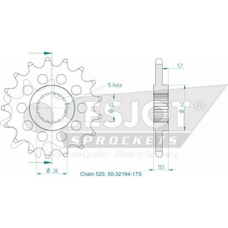 Pignon lightweight - 520 - 17 dents - Made in Germany - JTF710