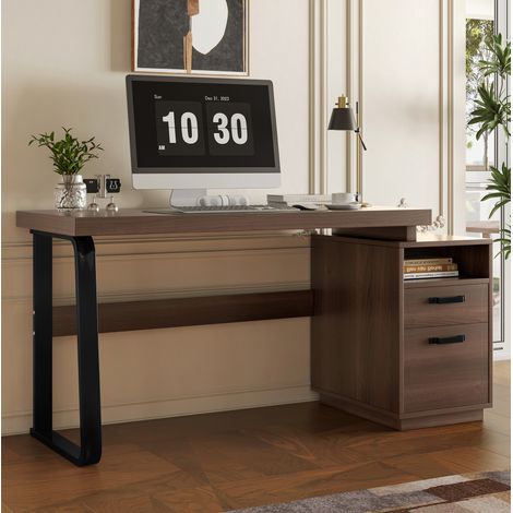 bureau ordinateur rangement 135 cm MDF métal marron OKMYHOME (1/5)