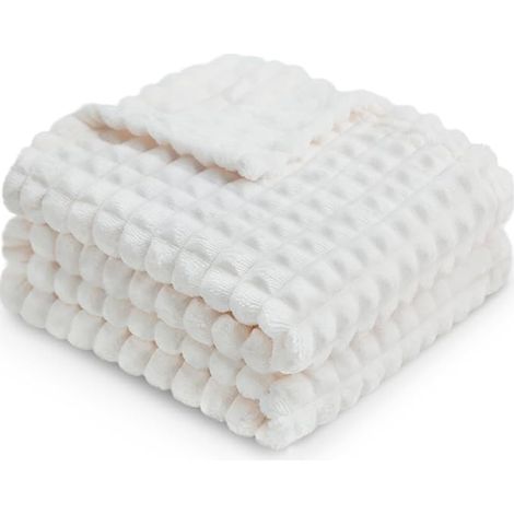 1 Couverture en fausse fourrure et polaire gaufrée, douce et chaude, pour lit canapé salon, 63x79 pouces, blanche (1/5)