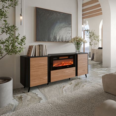 Credenza Briano, Madia da salotto con due ante battenti, anta a ribalta e camino elettrico, Rialzata da terra, 191x40 h69 cm, Nero e Noce (1/5)
