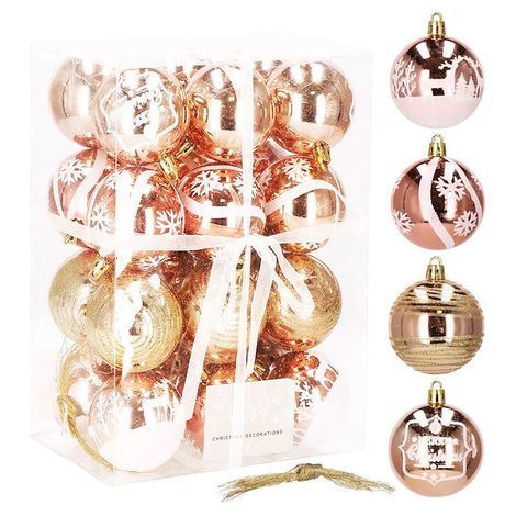 SPRINGOS Palline per albero di Natale in plastica oro rosa 24 pz. 6 cm Decorazioni per albero di Natale 4 disegni Decorazioni per abete di Natale