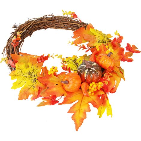 Herbstlicher Türkranz aus künstlichen Kürbisblättern für Halloween- und Weihnachtsdekoration (1/5)