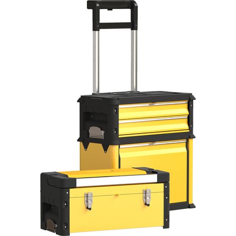Coffre à outils roulettes empilable acier jaune - Lot de 3 avec plateau, poignée, serrure